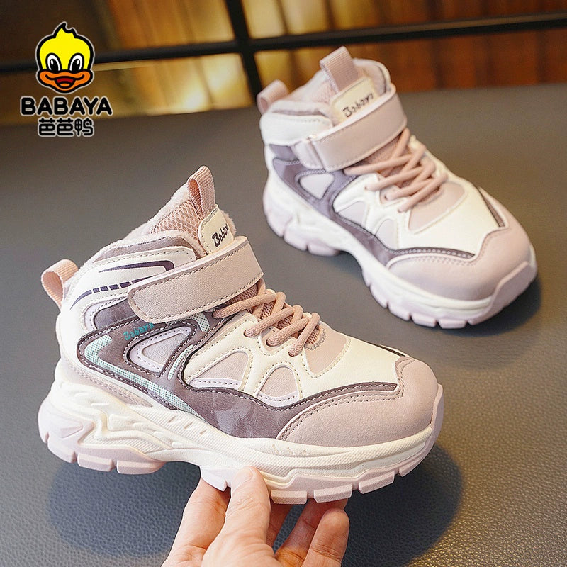 BABAYA children's sports shoes girl shoes high -top two cotton shoes 2023 winter new boys plus velvet winter shoes