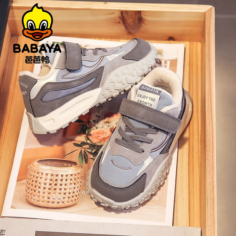 BABAYA children's sports shoes boys plus velvet casual shoes 2023 Winter new girl two cotton shoes A -Gump shoes