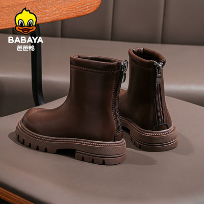 BABAYA children Martin boots girl Chelsea leather boots 2023 winter new plus velvet cotton shoe short boots