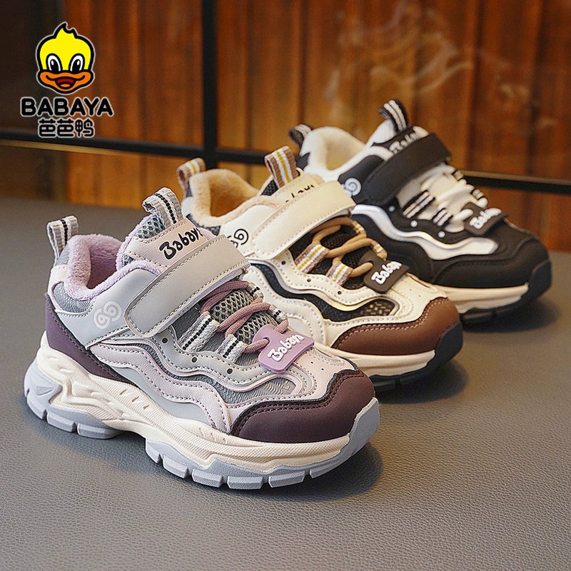 BABAYA children's sports shoes girl shoes with velvet two cotton shoes 2023 winter new boys casual shoes tide