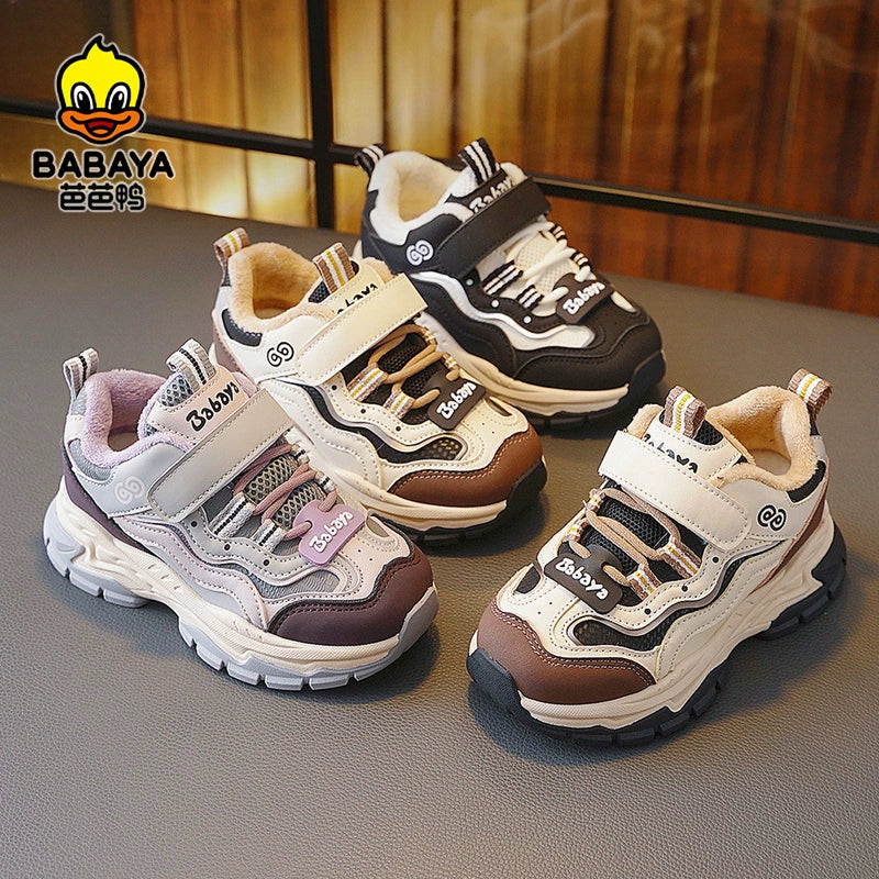 BABAYA children's sports shoes girl shoes with velvet two cotton shoes 2023 winter new boys casual shoes tide