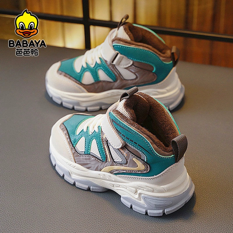 BABAYA children's sports shoes girl shoes high -top two cotton shoes 2023 winter new boys plus velvet winter shoes