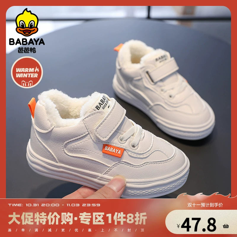 BABAYA children's small white shoes boys with velvet cotton shoes 2023 winter new shoe winter shoes winter shoes girl shoes Korean edition