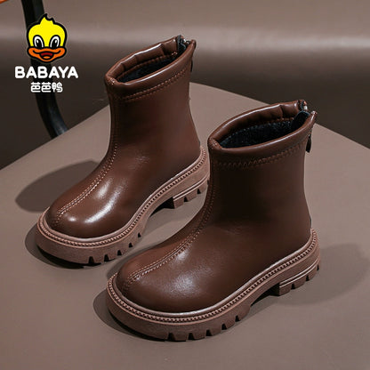 BABAYA children Martin boots girl Chelsea leather boots 2023 winter new plus velvet cotton shoe short boots