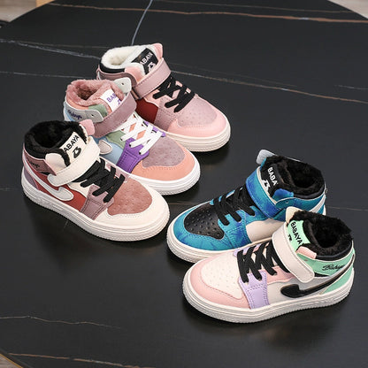 BABAYA children's cotton shoes girls plus velvet shoes 2023 winter new boys high -top casual shoes warm sports shoes