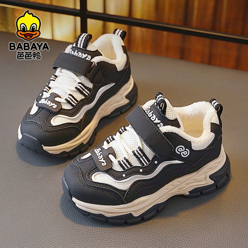 BABAYA children's sports shoes girl shoes with velvet two cotton shoes 2023 winter new boys casual shoes tide