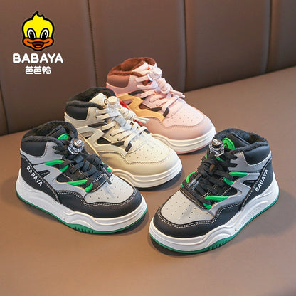 BABAYA children's sports shoes boys plus velvet two cotton shoes 2023 Winter new girl warm board shoes