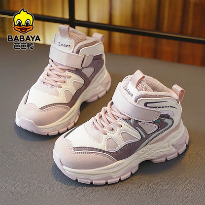 BABAYA children's sports shoes girl shoes high -top two cotton shoes 2023 winter new boys plus velvet winter shoes