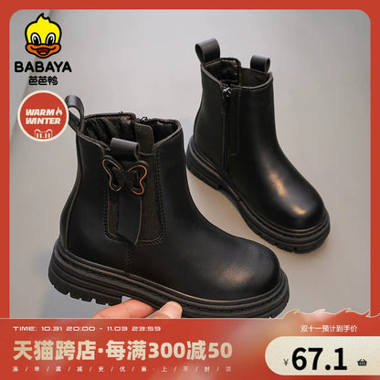 BABAYA children Martin boots girls with velvet boots 2023 winter new two cotton shoes girl smoke tube leather shoes