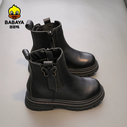 BABAYA children Martin boots girls with velvet boots 2023 winter new two cotton shoes girl smoke tube leather shoes