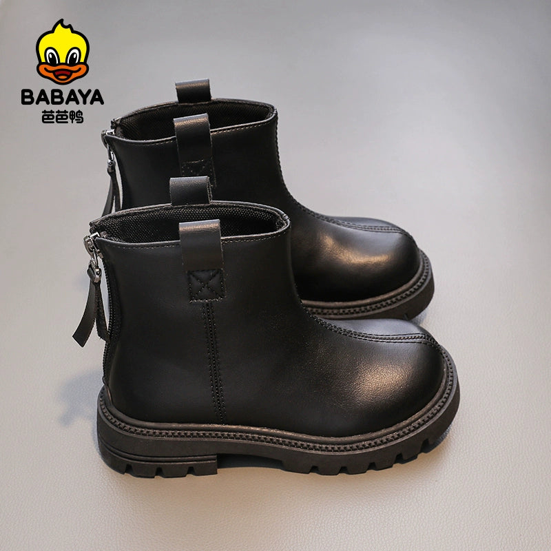 BABAYA children Martin boots girl shoes fashion leather boots 2023 winter new two cotton shoes plus velvet leather shoes