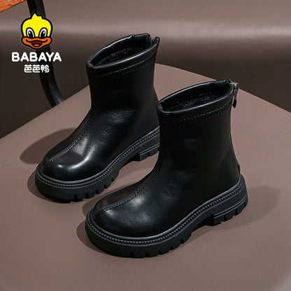 BABAYA children Martin boots girl Chelsea leather boots 2023 winter new plus velvet cotton shoe short boots