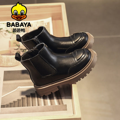 BABAYA children Martin boots, girls with velvet boots, smoke boots 2023 winter new two -cotton wild leather shoes