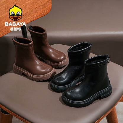 BABAYA children Martin boots girl Chelsea leather boots 2023 winter new plus velvet cotton shoe short boots